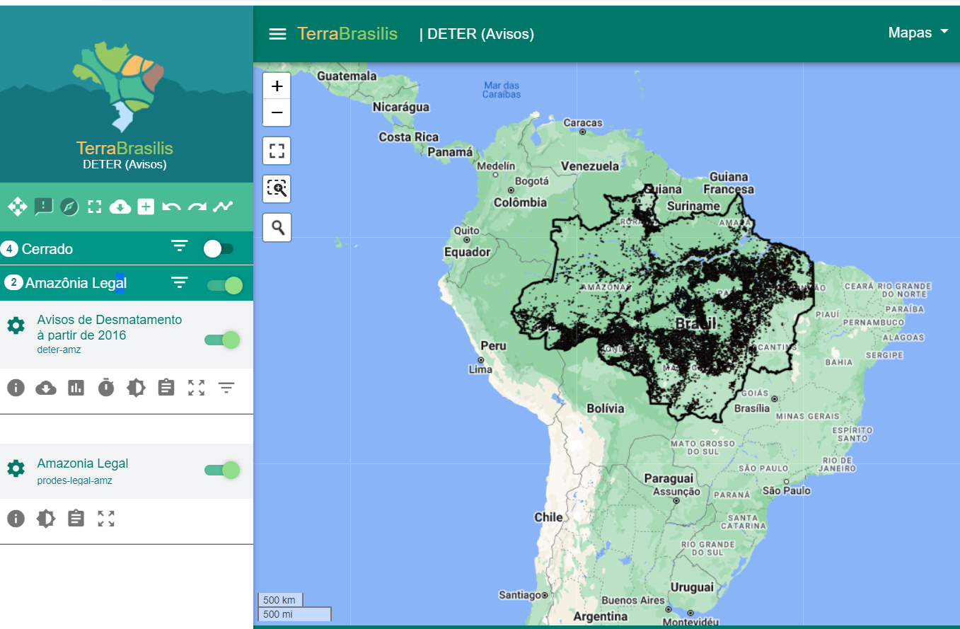 Mapa de avisos diários de desmatamento