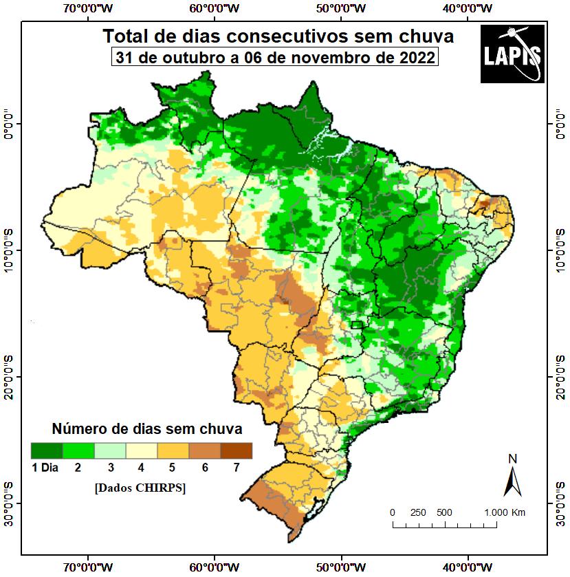 Mapa do número de dias sem chuva, processado no QGIS. Fonte: Lapis.