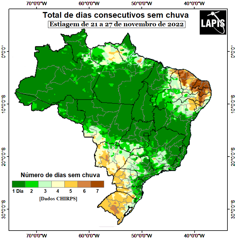 Mapa do número de dias sem chuva, processado o QGIS