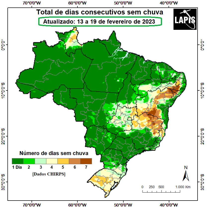 Mapa do número de dias sem chuva, processado no QGIS