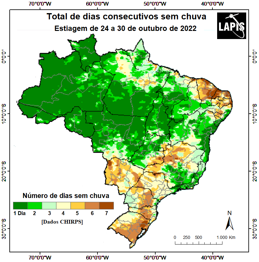 Mapa do número de dias sem chuva, processado no QGIS. Fonte: Lapis.