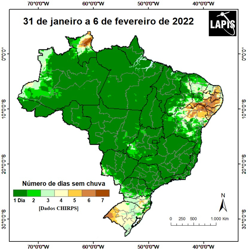 Mapa SIG do número de dias sem chuva. Fonte: Lapis.