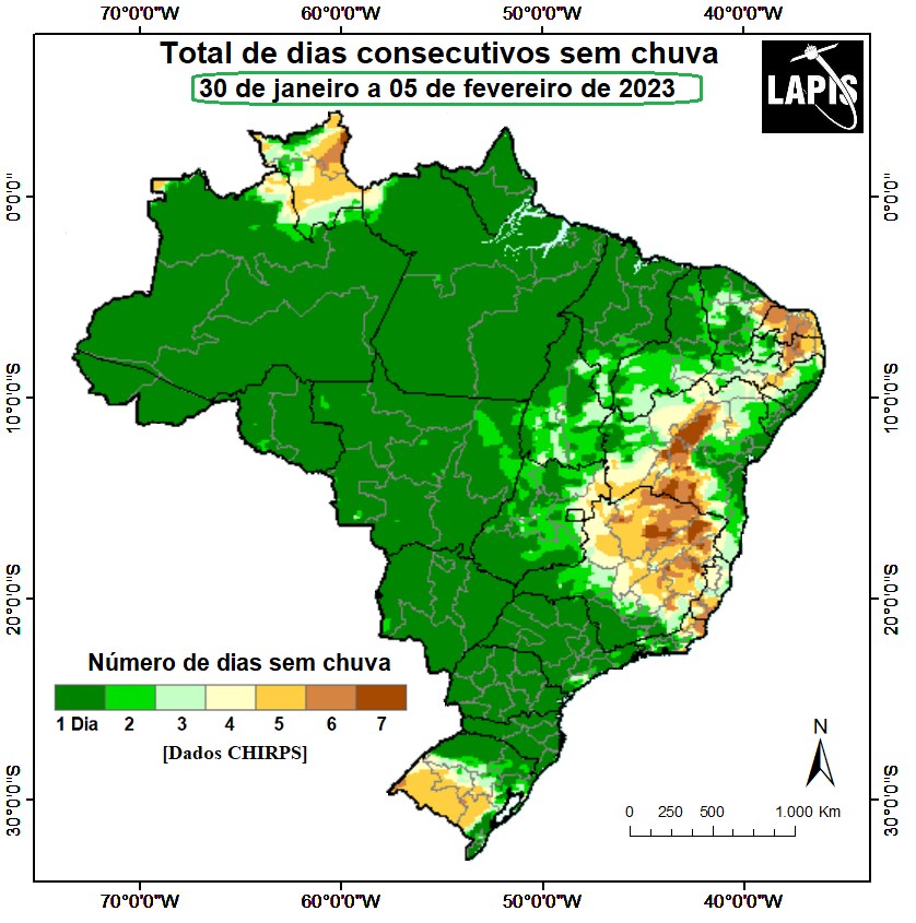 Mapa do número de dias consecutivos sem chuva