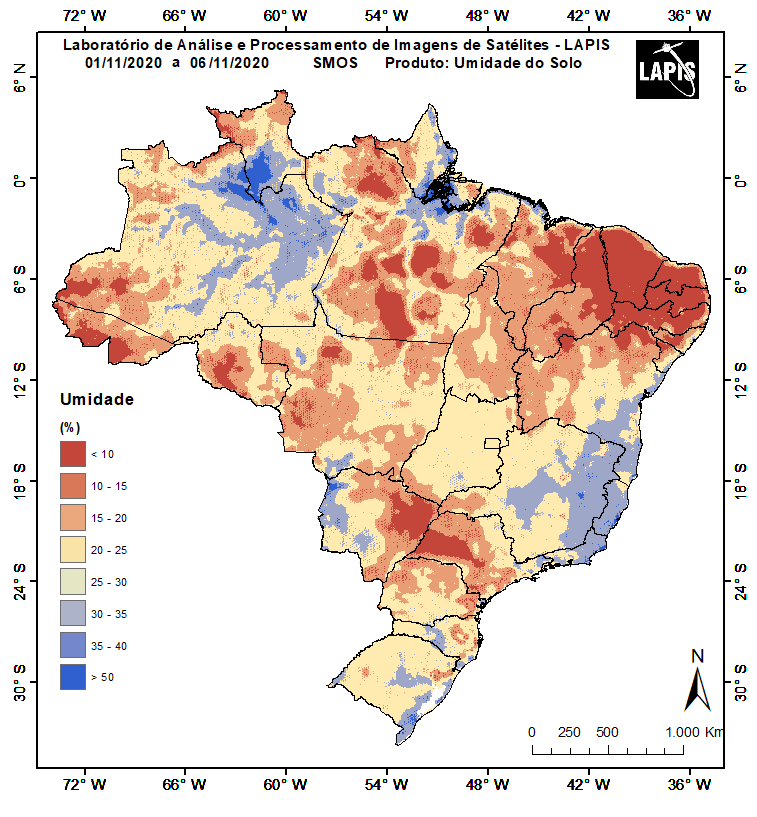 Mapa estima teor da umidade do solo, a partir de dados de satélites. Fonte Lapis.