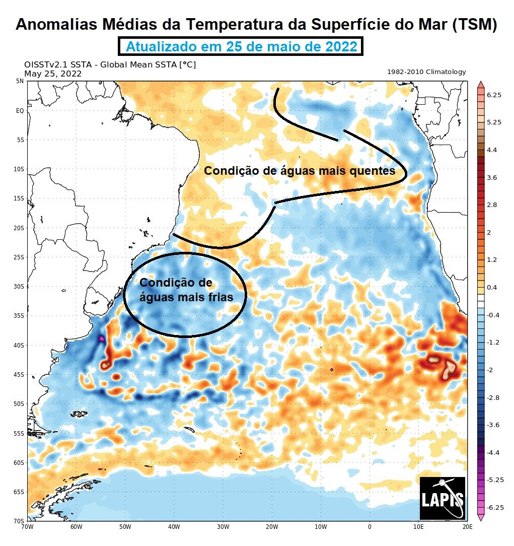 Mapa mostra temperatura do Atlântico. 