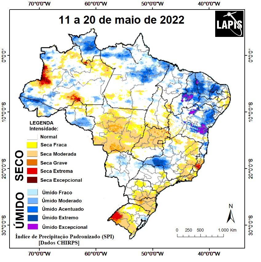 Mapa processado no QGIS mostra seca no Brasil.