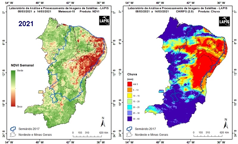 Mapas SIG da cobertura vegetal e da precipitação na nova delimitação do Semiárido