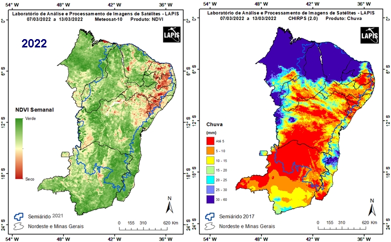 Mapas da cobertura vegetal e da precipitação no novo Semiárido, em março de 2022.