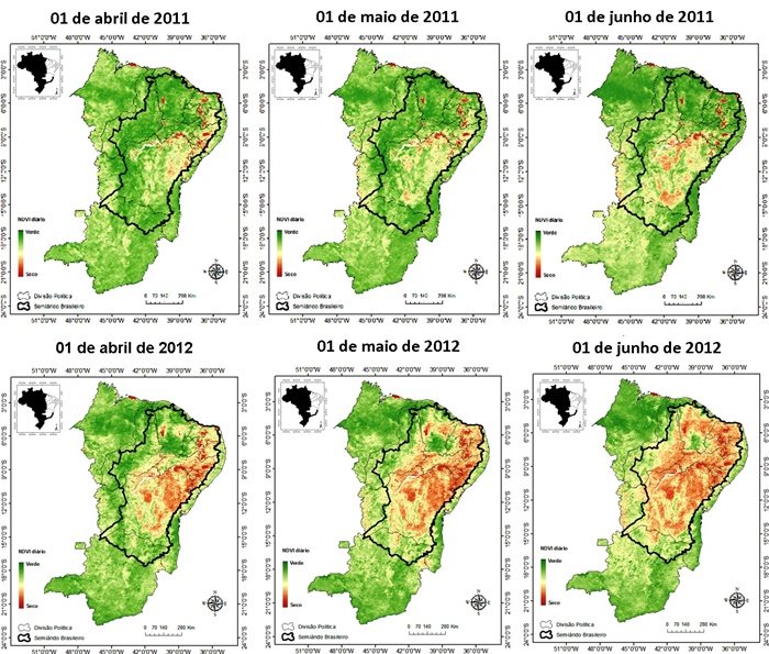 Monitoramento por satélite da seca no Semiárido, em 2011 e 2012.