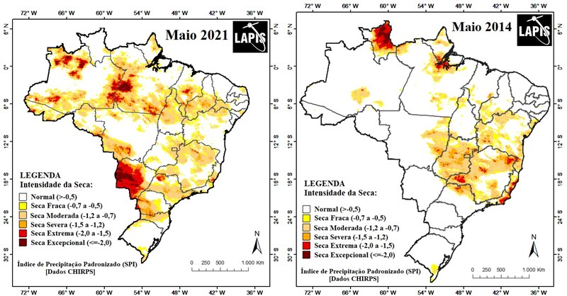 Imagens de satélite comparam seca de 2021 com crise de 2014.