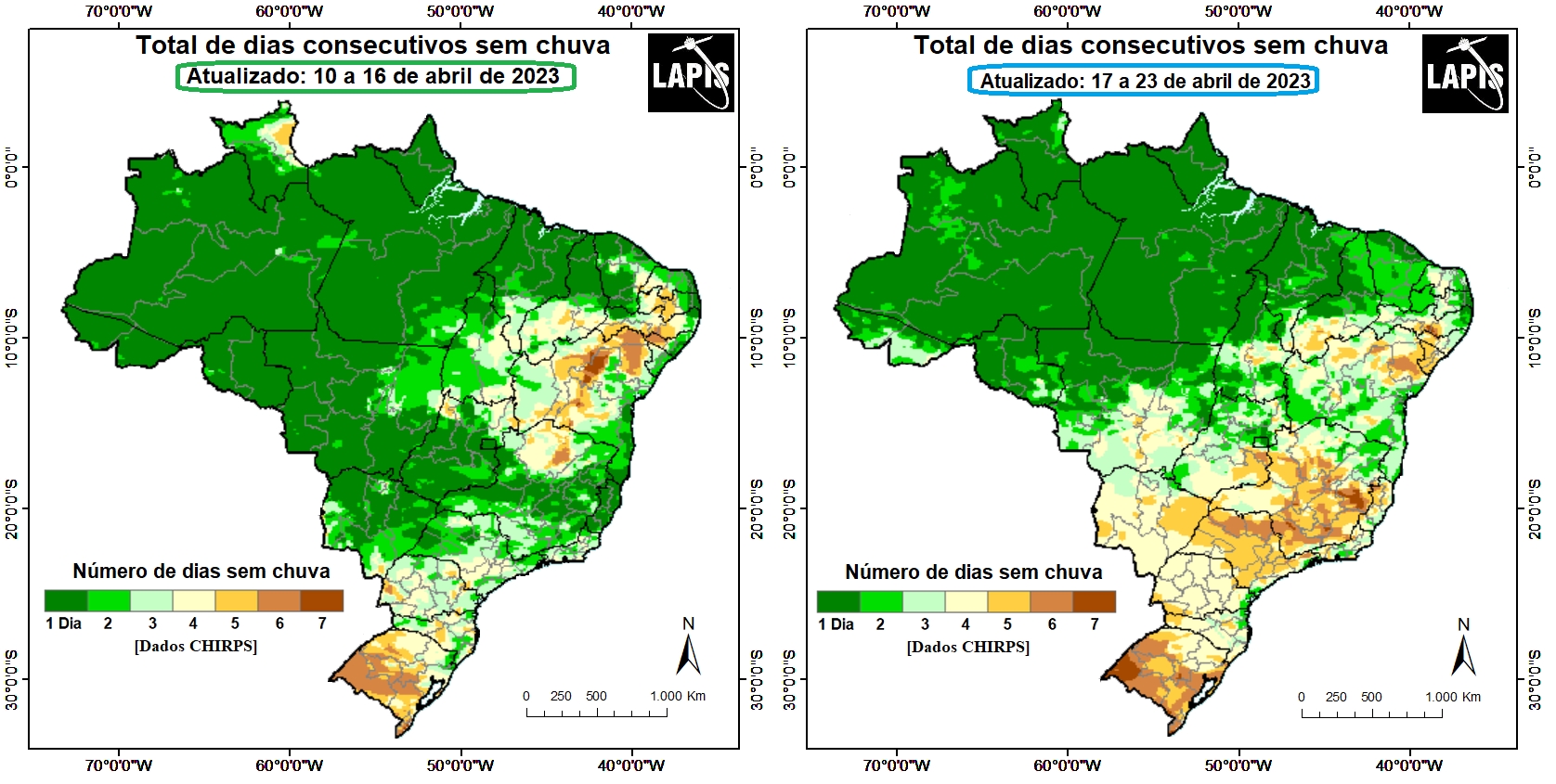 Mapa do número de dias sem chuva gerados no QGIS