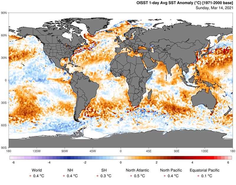 Monitoramento da temperatura dos oceanos, em 15 de março de 2021.
