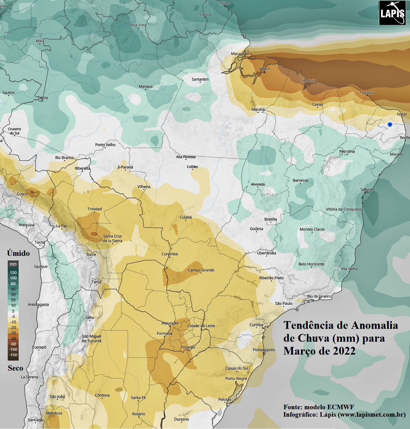 Mapa da previsão climática sob La Niña no mês de março