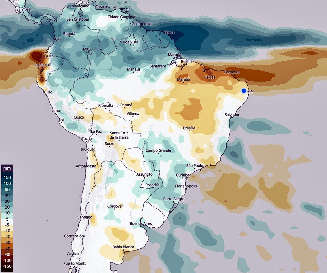 Previsão climática para fevereiro. Fonte: ECMWF. Elaboração: Lapis.