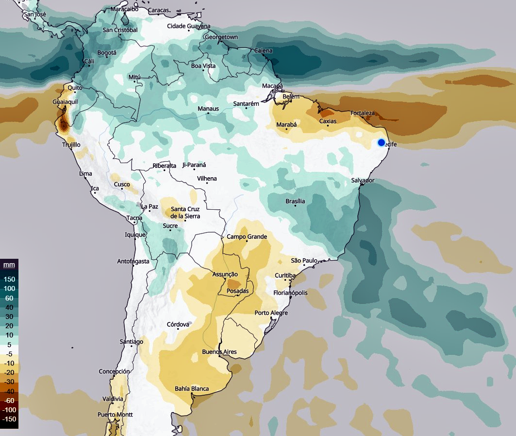 Previsão climática para março. Fonte: ECMWF. Elaboração: Lapis.