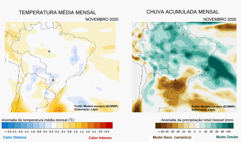 Previsão climática para o mês de novembro, no Brasil. Elaboração: Lapis.