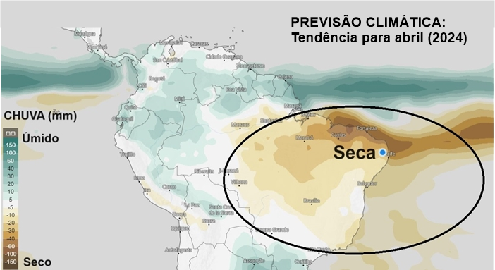 Tendência da previsão climática para abril de 2024. Fonte: ECMWF. Elaboração: Lapis.