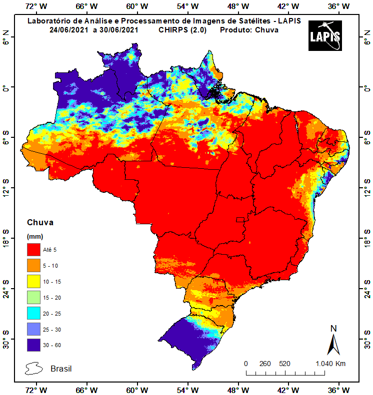 Imagem de satélite da precipitação, com dados CHIRPS, elaborada no QGIS.