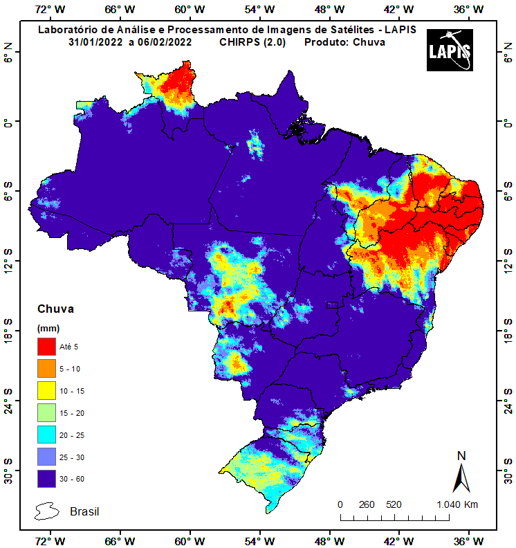 Mapa da chuva no Brasil, processado no QGIS.