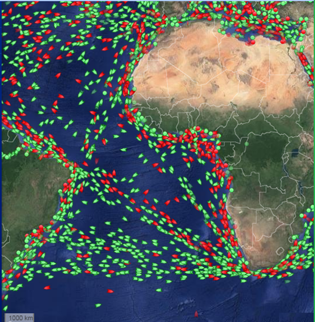 Rotas de navios de carga no oceano Atlântico