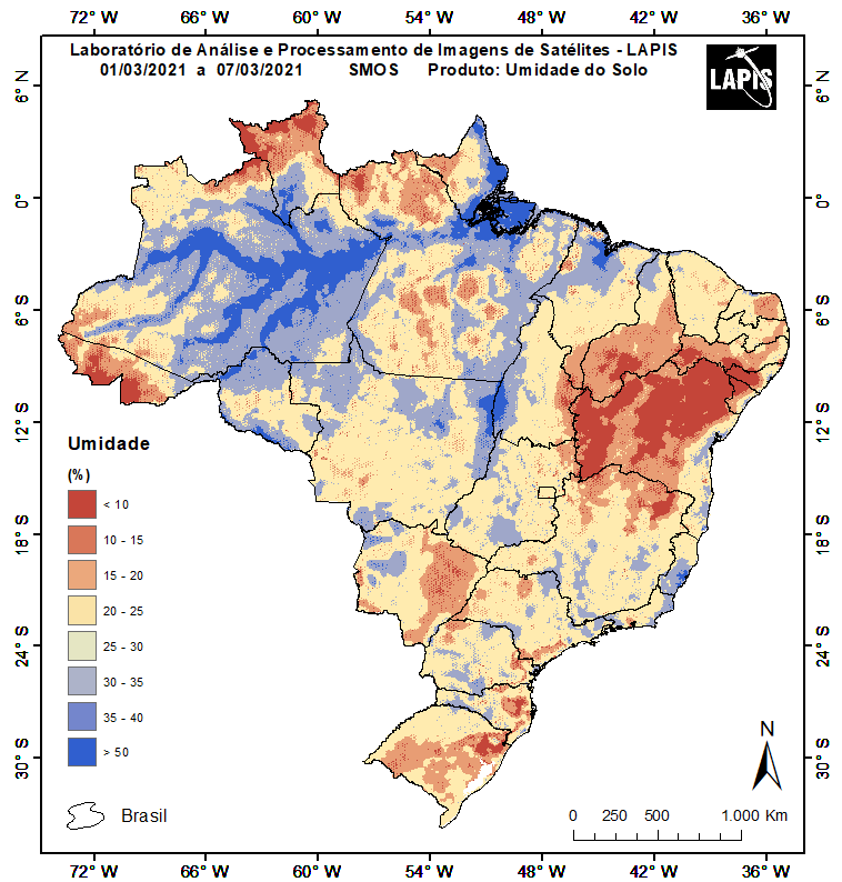 Mapa da umidade do solo, com dados do satélite SMOS. Fonte: Lapis.