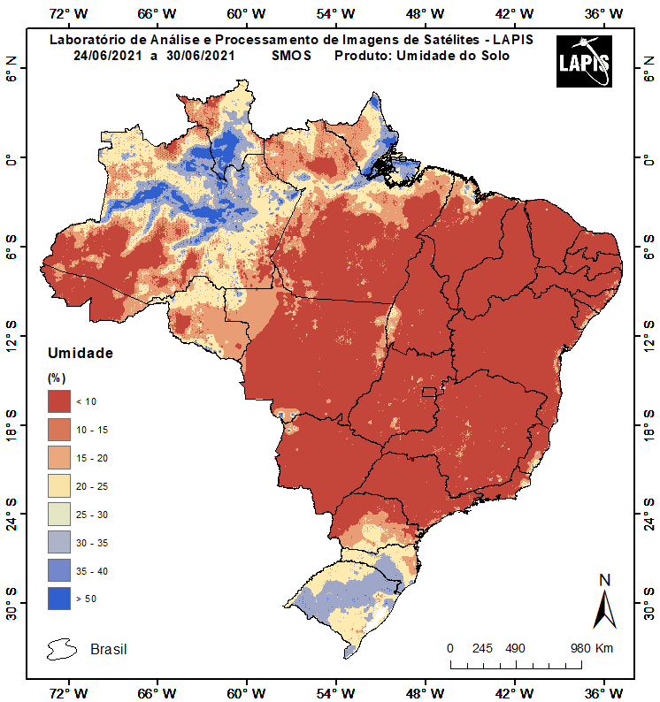 Imagem de satélite da umidade do solo, elaborada no QGIS, com dados do satélite SMOS