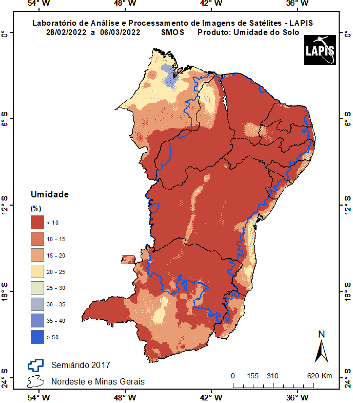 Mapa da umidade do solo, processado no QGIS, com dados SMOS