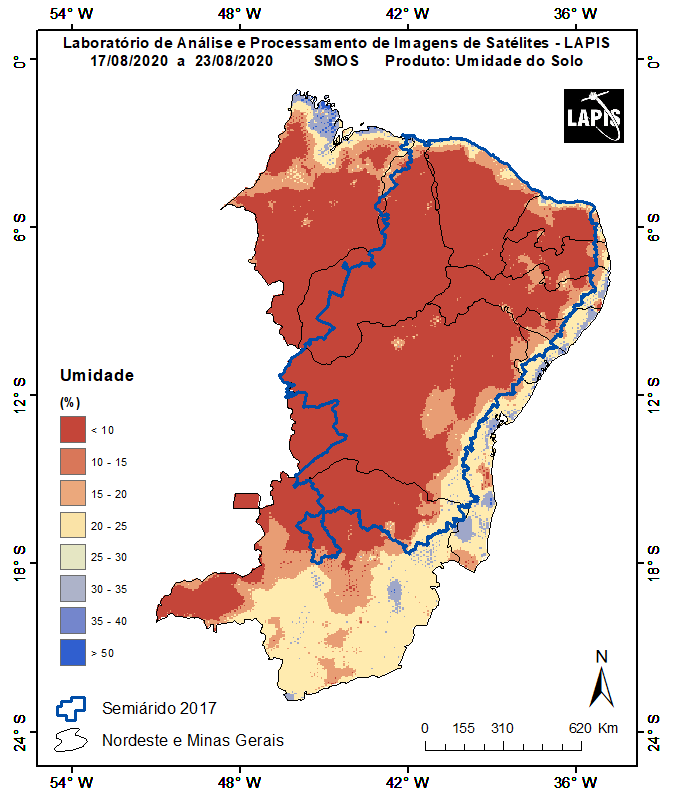 Estiagem no Semiárido, a partir de imagem de satélite da umidade do solo.