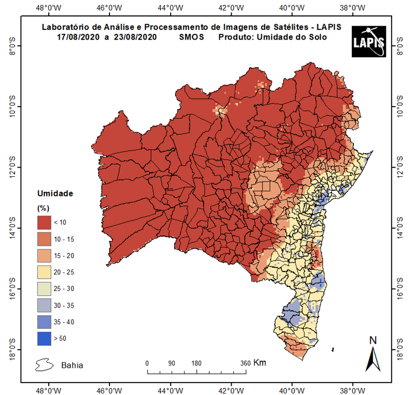 Estiagem na Bahia, a partir de imagem de satélite da umidade do solo.