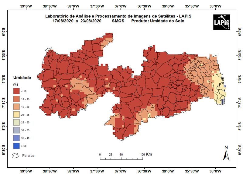 Estiagem na Paraíba, a partir de imagem de satélite da umidade do solo.