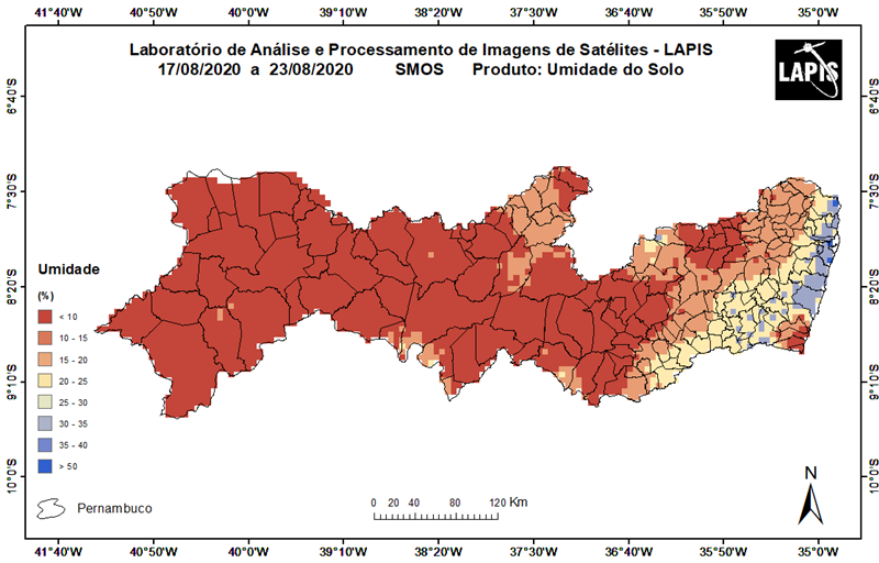 Estiagem em Pernambuco, a partir de imagem de satélite da umidade do solo.