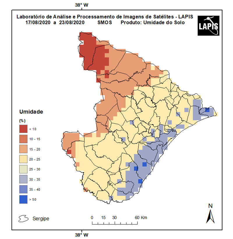 Estiagem em Sergipe, a partir de imagem de satélite da umidade do solo.