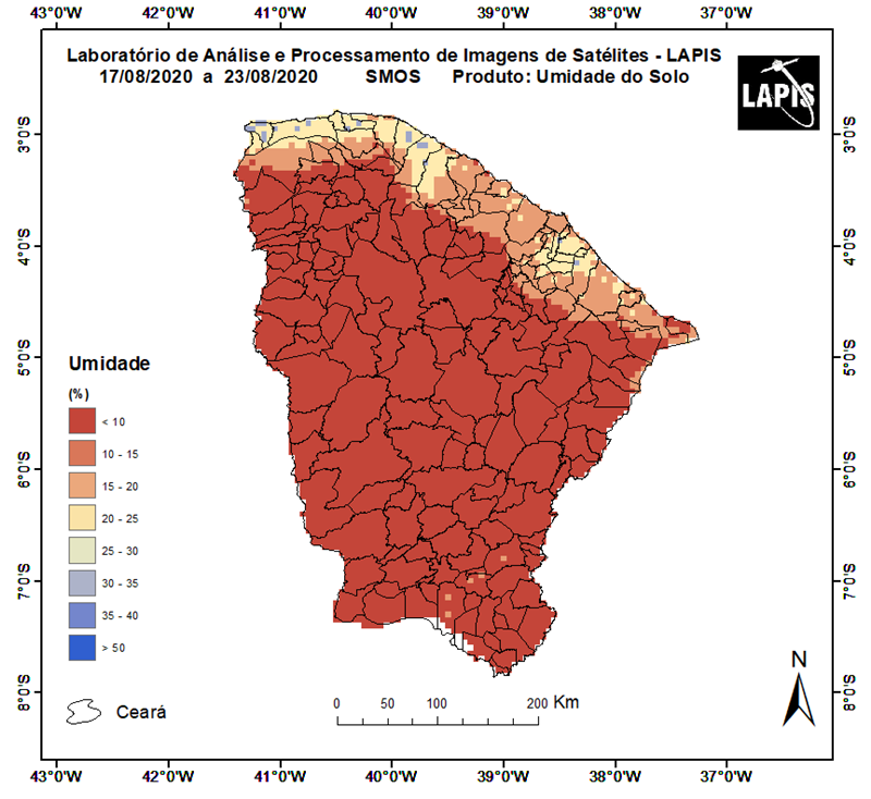 Estiagem no Ceará, a partir de imagem de satélite da umidade do solo.