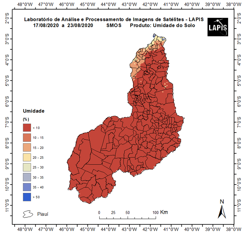 Estiagem no Piauí, a partir de imagem de satélite da umidade do solo.