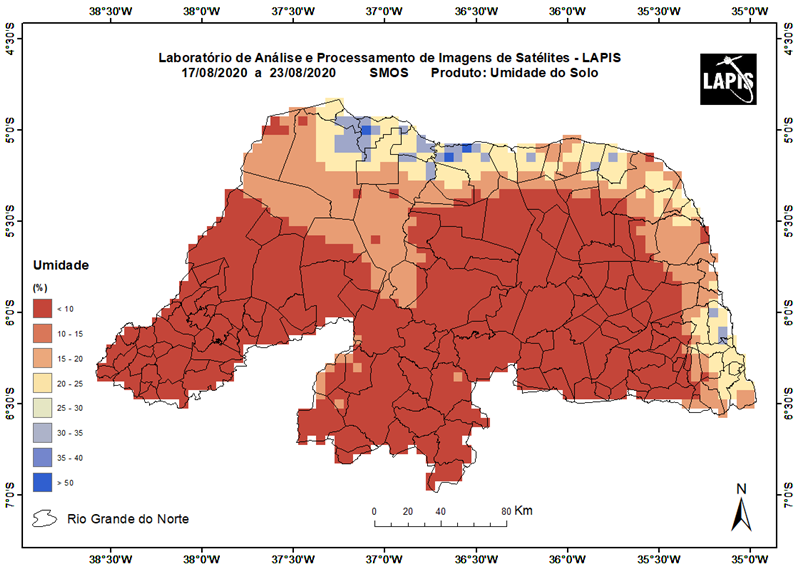 Estiagem no Rio Grande do Norte, a partir de imagem de satélite da umidade do solo.