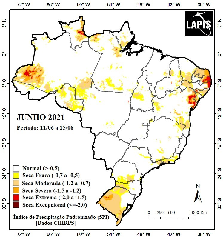 Mapa da seca, baseado em dados de precipitação.