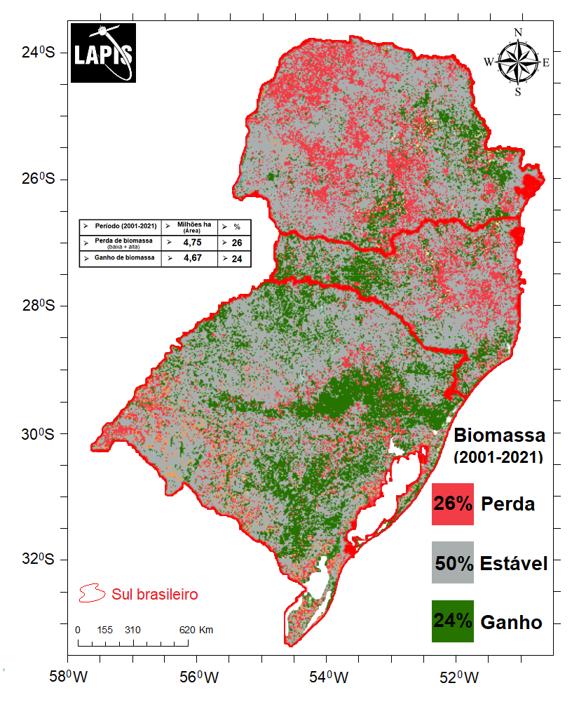 Mapa de perda ou ganho de biomassa no Sul brasileiro. Fonte: Lapis.