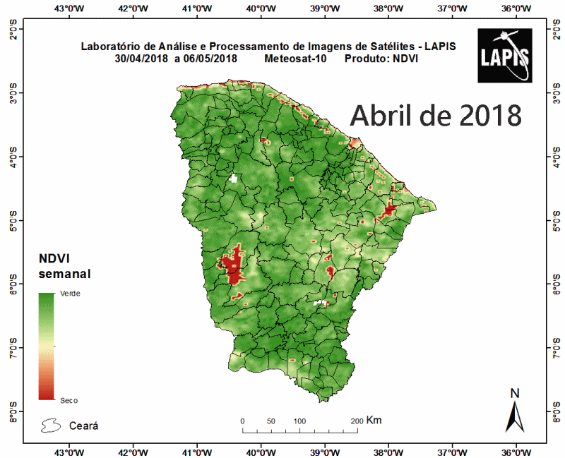 Animação mostra mapa do Ceará em período de seca e em período de chuva Imagem de satélite