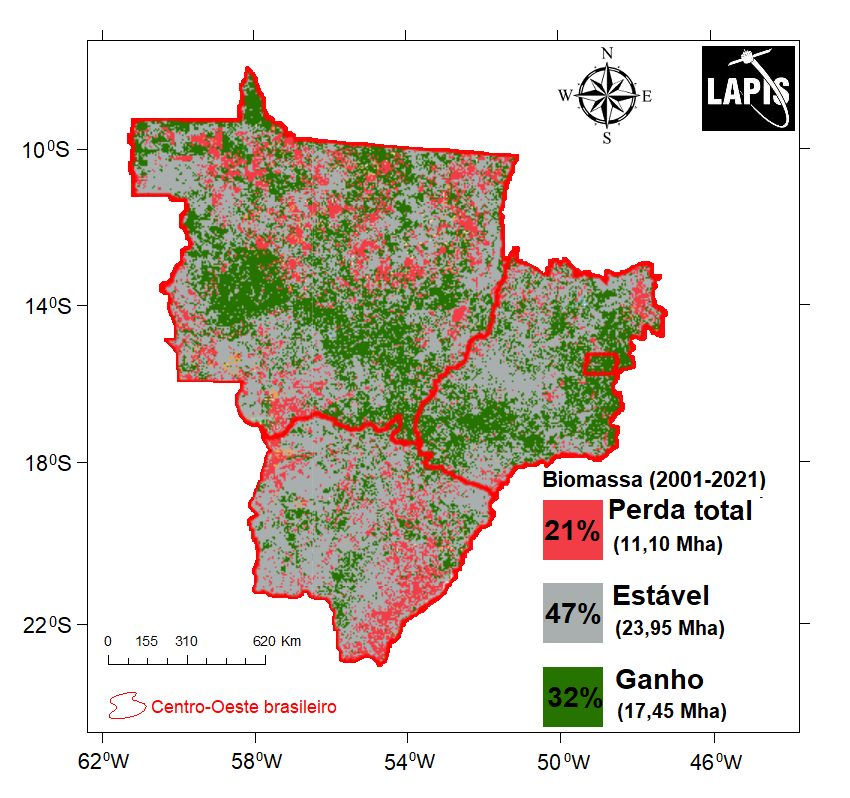 Mapa de perda ou ganho de biomassa no Centro-Oeste brasileiro. Fonte: Lapis.
