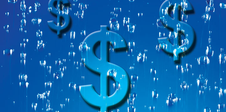 Símbolo de dinheiro, com fundo azul e gotas de água