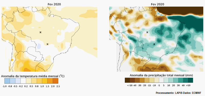 Previsão climática para fevereiro de 2020. Fonte: Lapis. Dados: ECMWF.