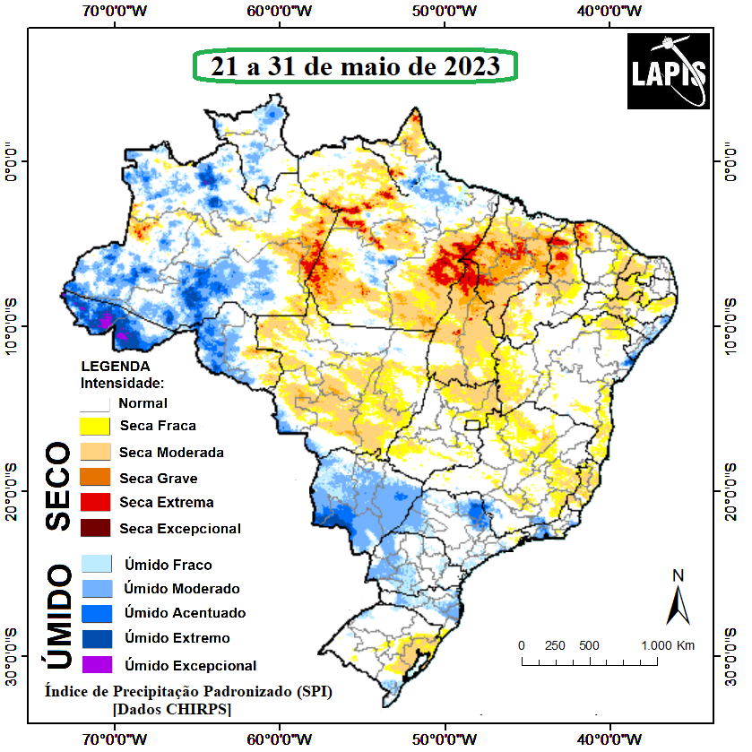 Mapa da intensidade da seca, processado no QGIS