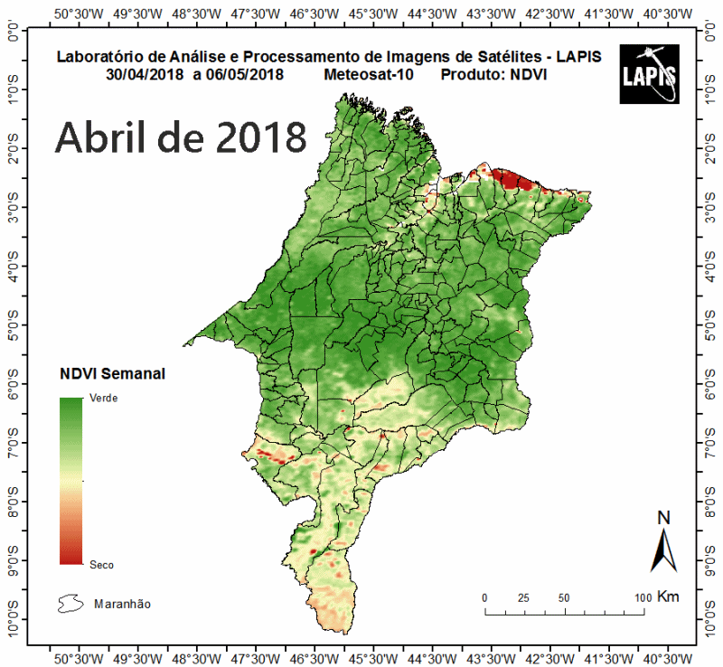 Imagens de satélite mostram o estado do Maranhão em períodos de seca e em períodos de chuva