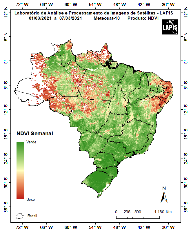 Monitoramento da cobertura vegetal, com dados do satélite Meteosat. Fonte: Lapis.