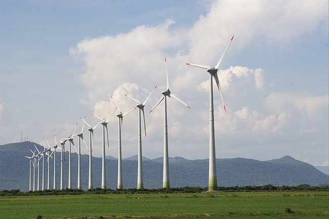 Parque eólico com vários cataventos para produção de energia. 