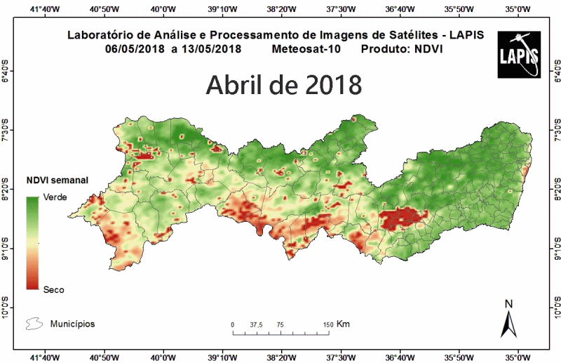 Imagem de satélite mostra o estado de Pernambuco em períodos de seca e em períodos de chuva